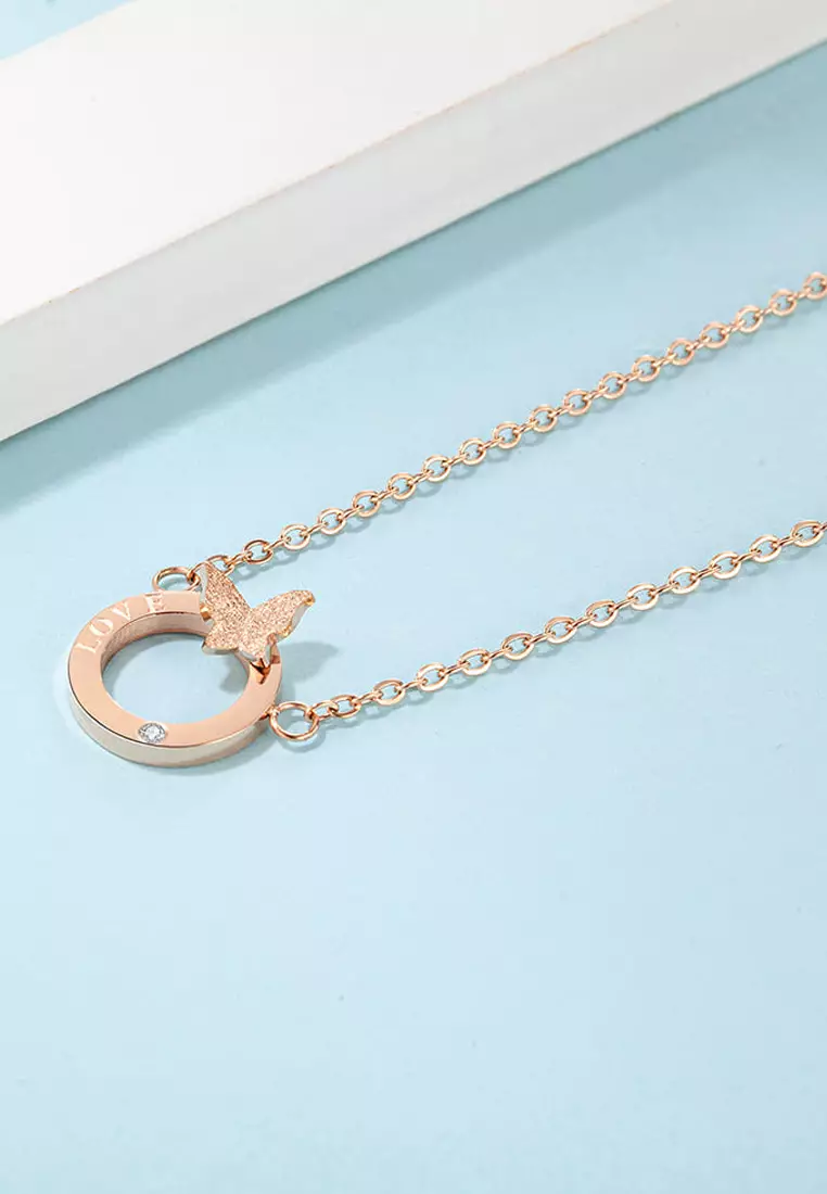 Butterfly in Love Necklace in Rose Gold Plated Titanium with Genuine 0.005ct Diamond