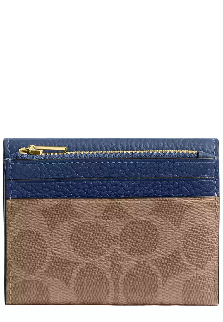 Card Holder Wallet In Signature Canvas in Tan/ Deep Blue CZ034