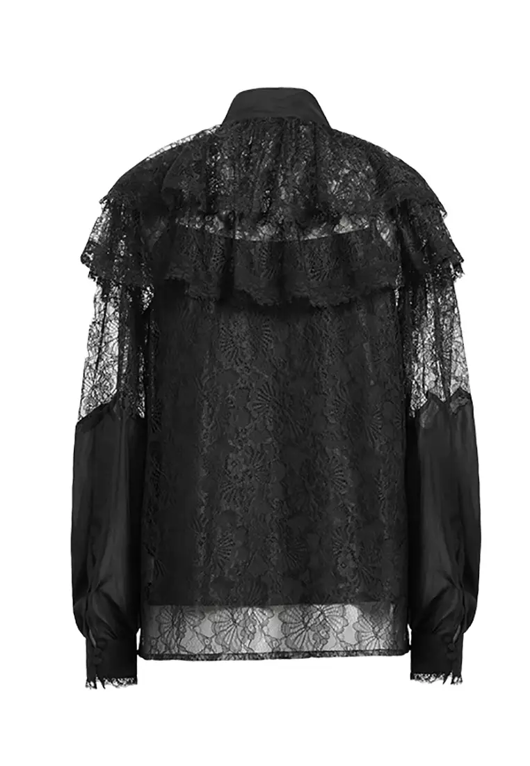 Embroidery Laced Blouse with Ribbon Tie