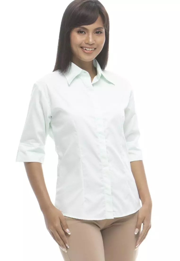 Buy Women White Textured 3/4th Sleeves Formal Shirt Online