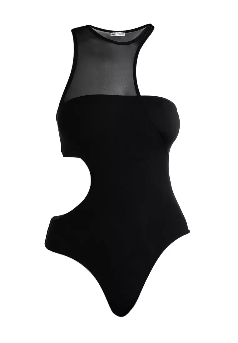 Bershka Sleeveless Bodysuit With Cut-Out And Tulle Detail