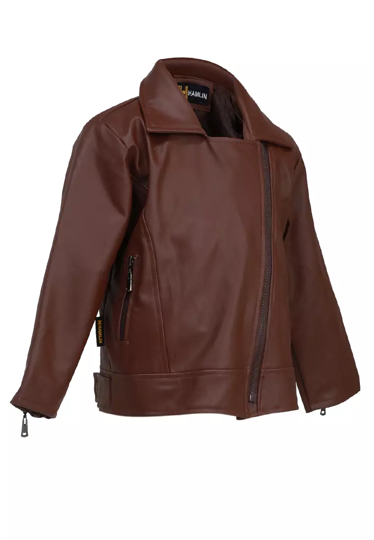 Fisca Jaket Kulit Anak Perempuan Zipper Design Motif Polos Material Leather ORIGINAL - Brown