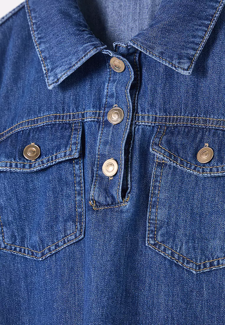Pockets Detail Mini Denim Shirt Dress