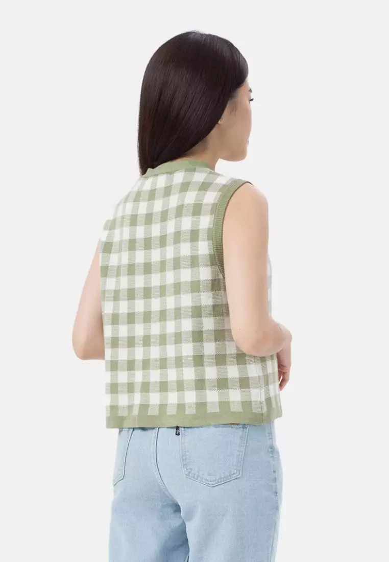 Button Knit Vest Checker in Green