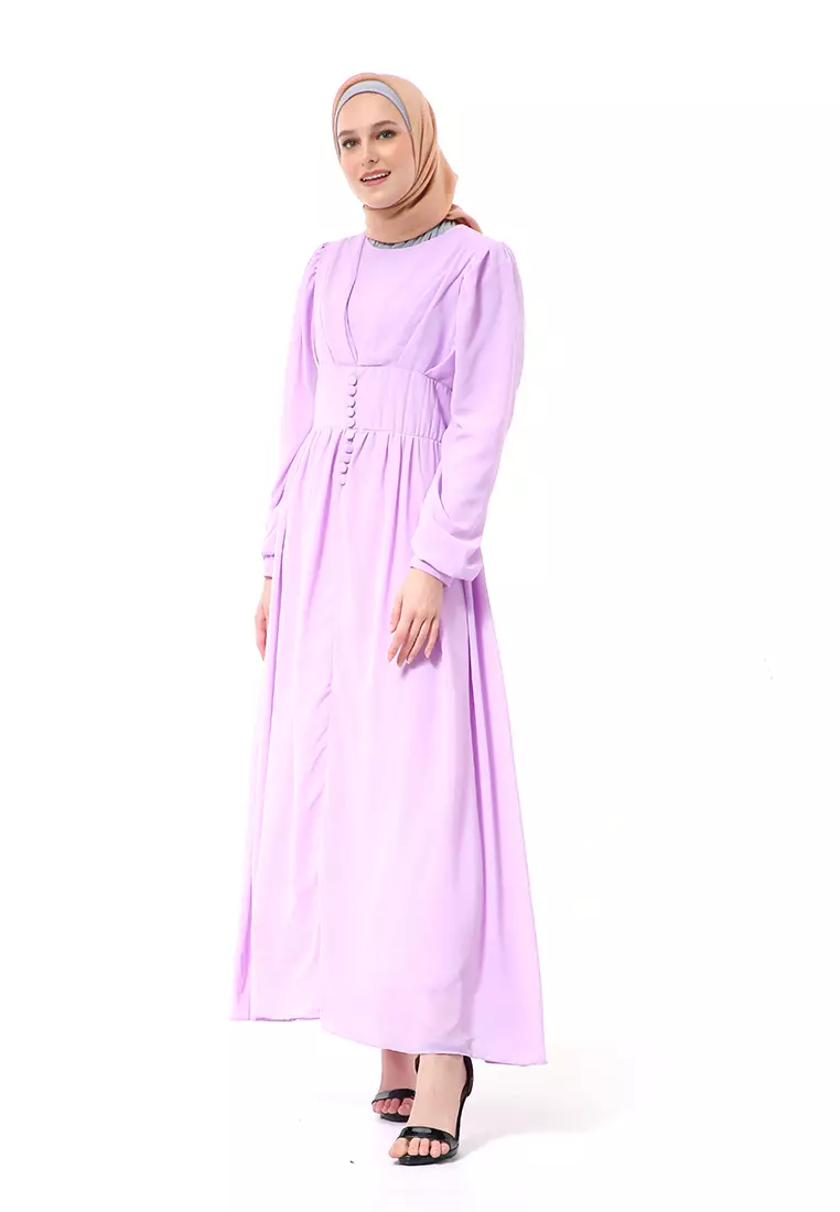 Khansa Long Dress Muslimah Atasan Wanita Long Sleeve Motif Polos High Quality - Ungu Muda
