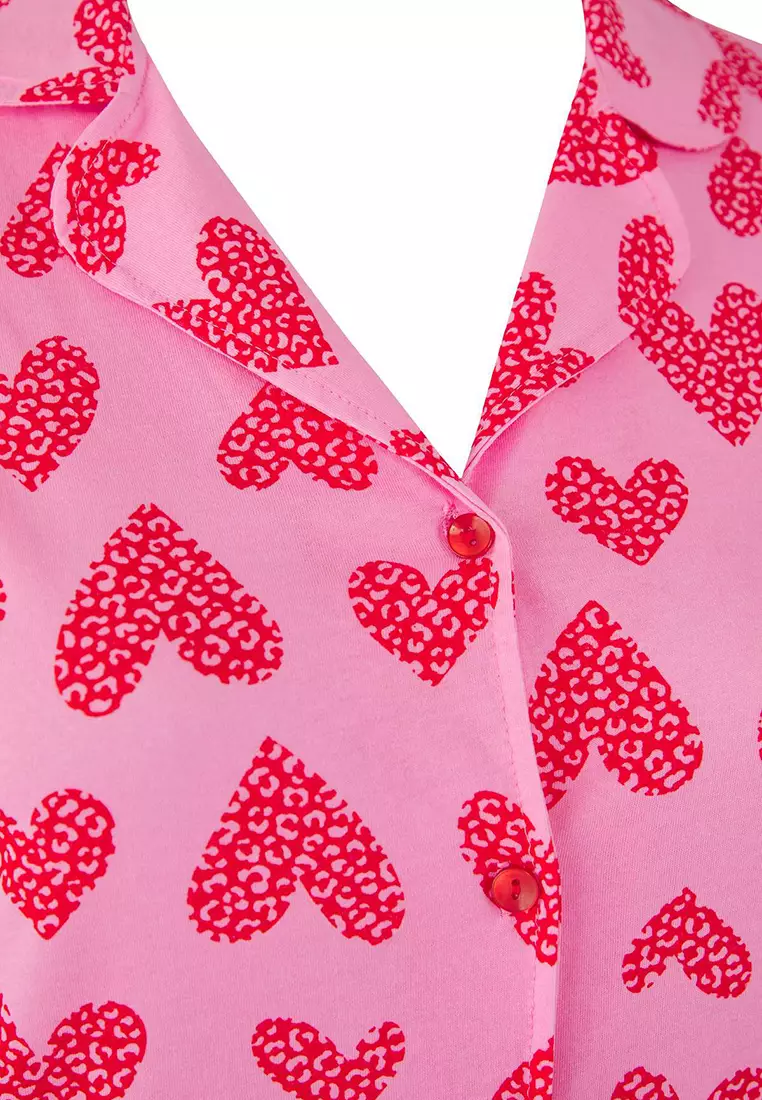 Pink 100% Cotton Heart & Leopard Patterned Shirt-Pants Knitted Pajama Set Tbbaw26Ai00017