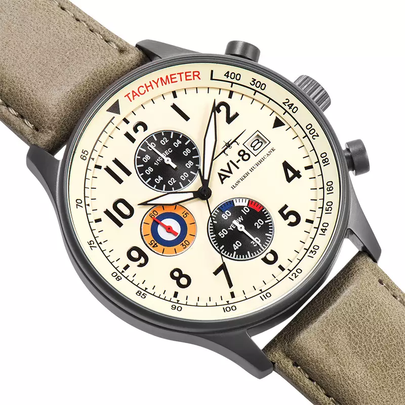 Jam Tangan Pria AVI-8 Hawker Hurricane AV-4011-0C Classic Chronograph Cream Beige Dial Leather Strap