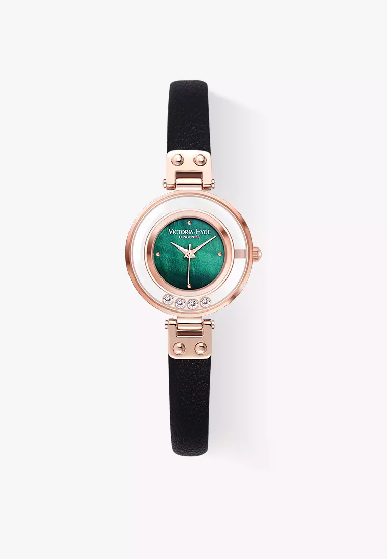 Sparkle Star 女士手表 真皮表帶 30mm玫瑰金表殼 綠色表面 流動鑽石-黑色