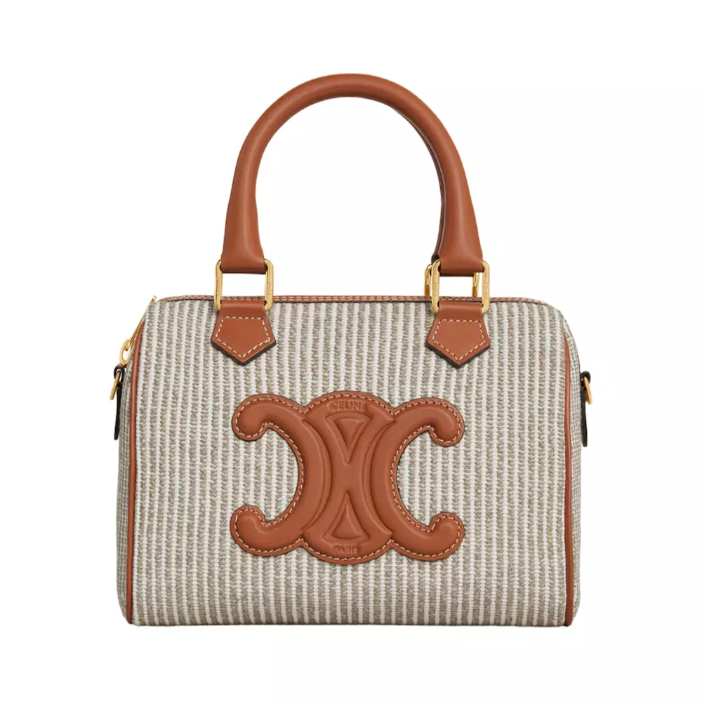SMALL BOSTON CUIR TRIOMPHE IN STRIPED TEXTILE AND CALFSKIN - BEIGE