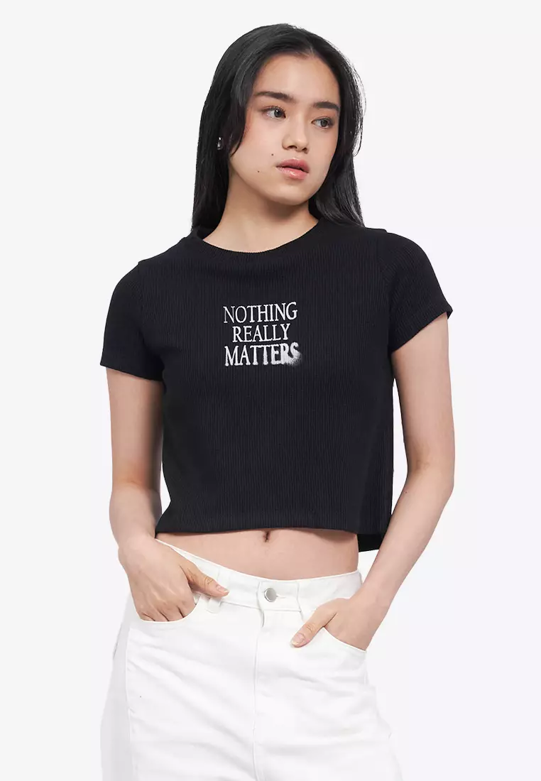 Waffle Knit Printed Crop Tee