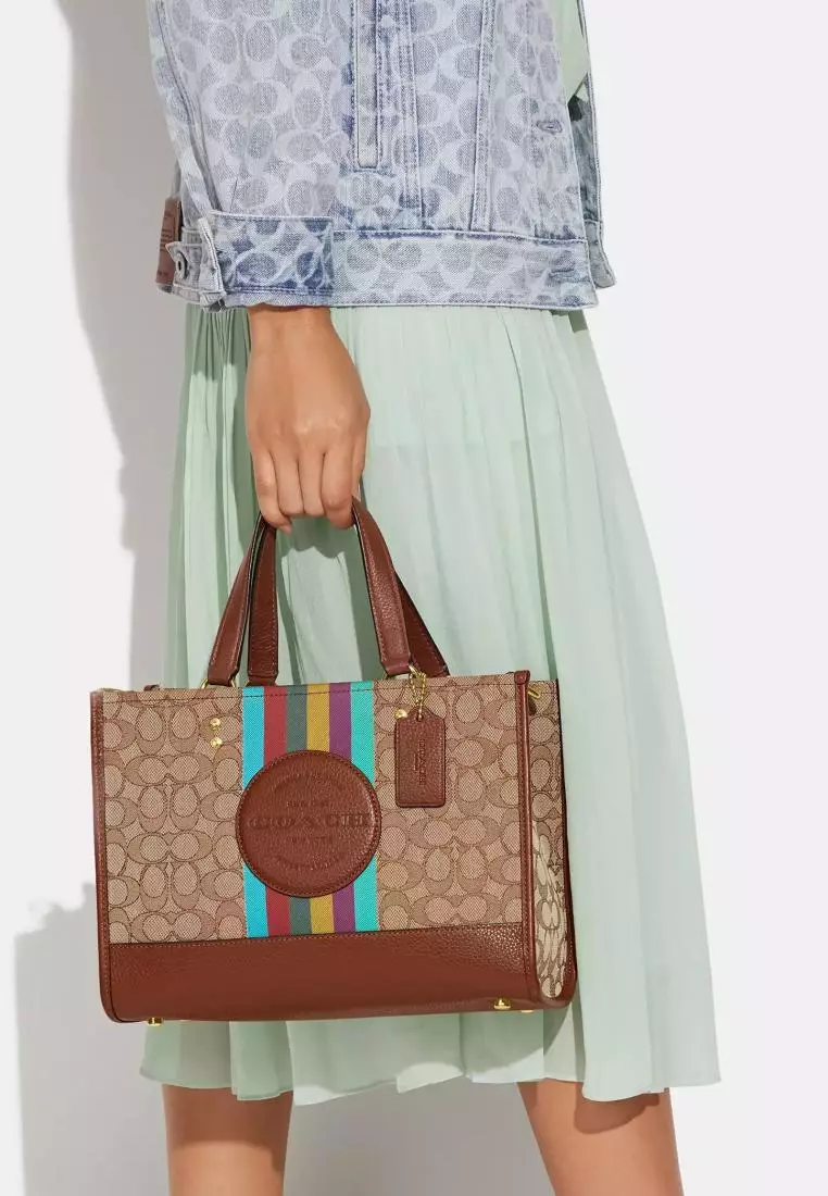 Coach Dempsey Carryall In Signature Jacquard With Stripe And Coach Patch Khaki Redwood Multi