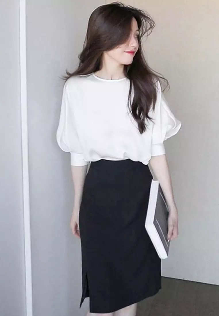 2025 S/S Age-Reducing Round Neck Puff Sleeve Waist Shirt Solid Color Top A23021505