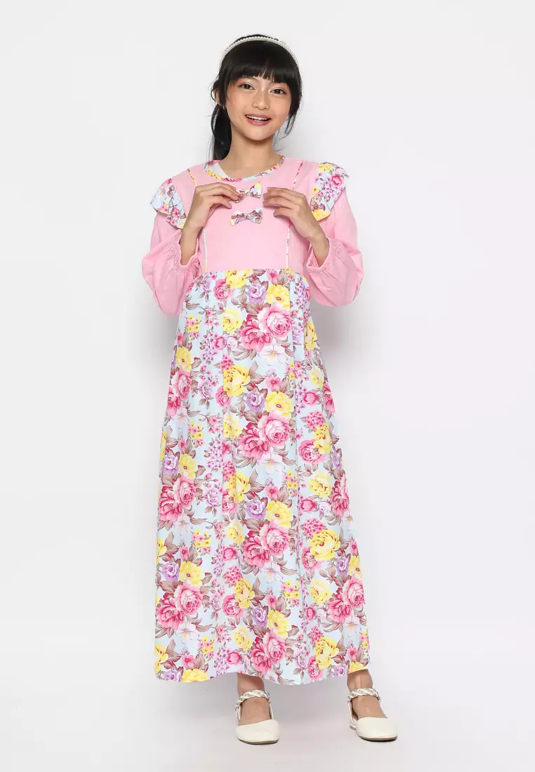 Baju Gamis Anak Perempuan Bunga 2 Pita Pink With Model - BLESS