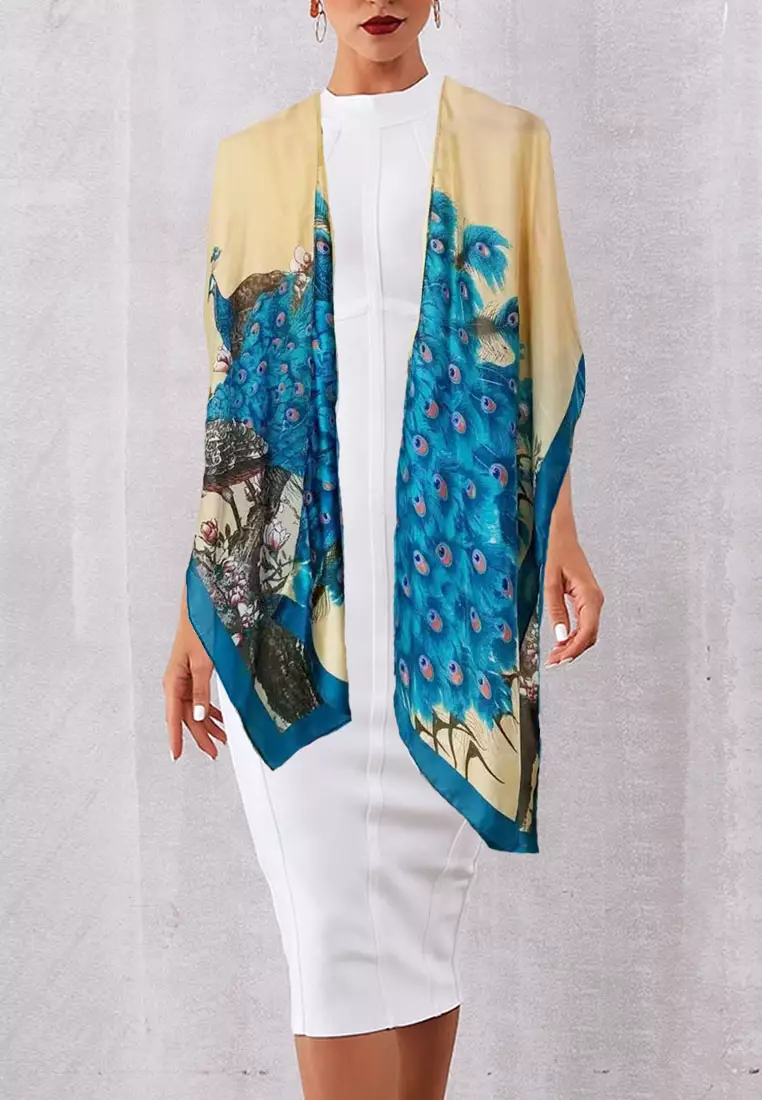 Aksesoris Wanita Peacock Print Outer Syal Outer Wanita Blue & Off White