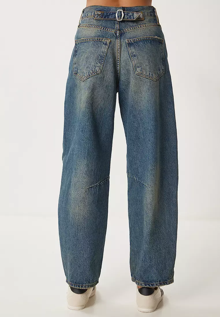 Women's Blue High Waist Faded Effect Baggy Jeans Ut00027