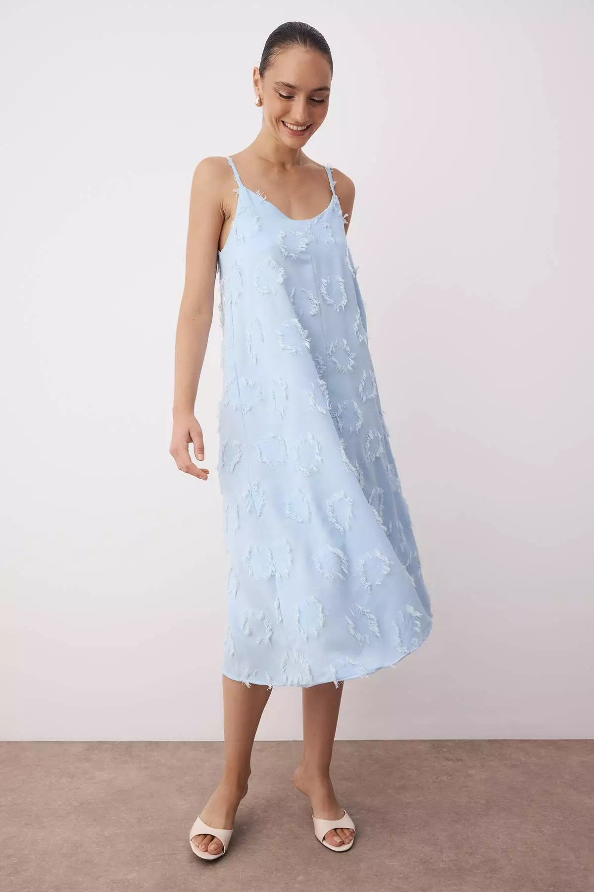 Blue Plain Midi Woven Dress Twoss25El00905