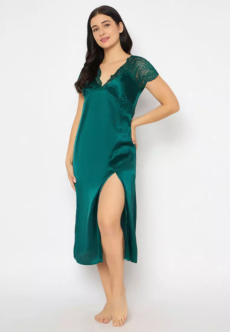 Clovia Chic Basic Padded Night Dress in Dark Green - Satin