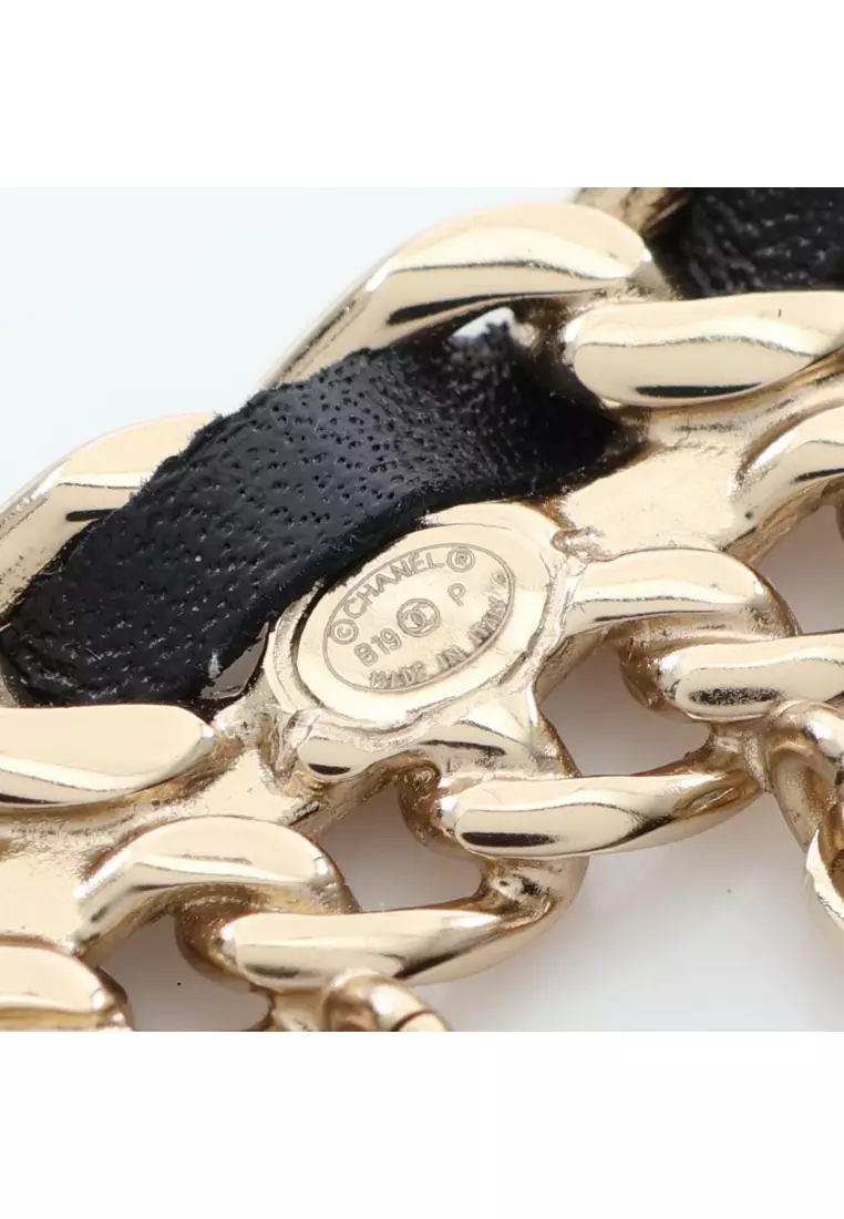 Pre-Loved Chanel logo chain brooch GP leather gold black B19P
