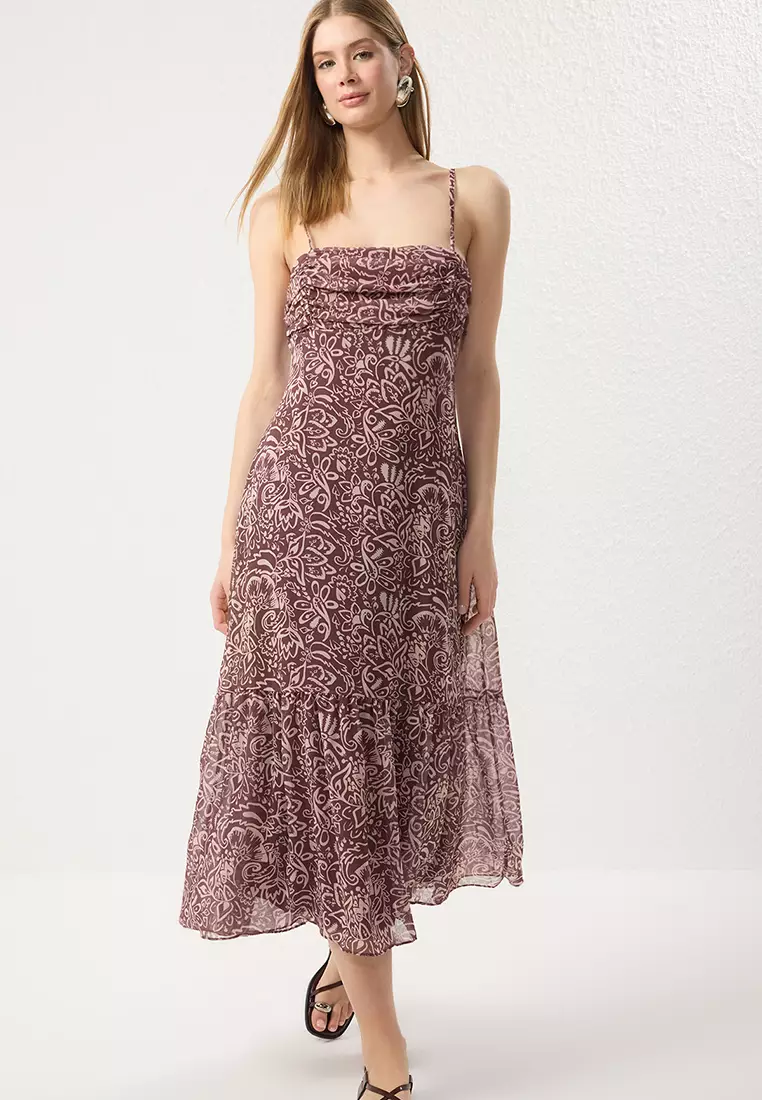 Pink Ethnic Patterned A-Line Maxi Lined Chiffon Woven Dress TWOSS25EL00721