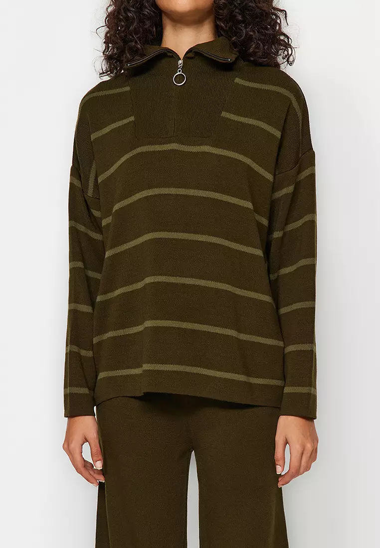 Khaki Wide Fit Zippered Knitwear Bottom-Top Set Twoaw24Au00025