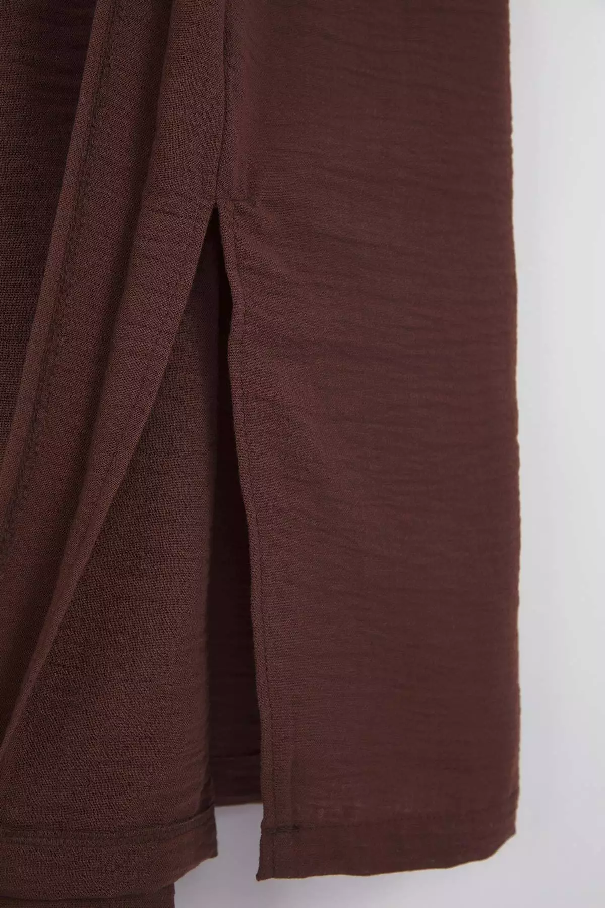 Brown Flannel Midi Woven Plus Size Dress With Slit And Tie Detail