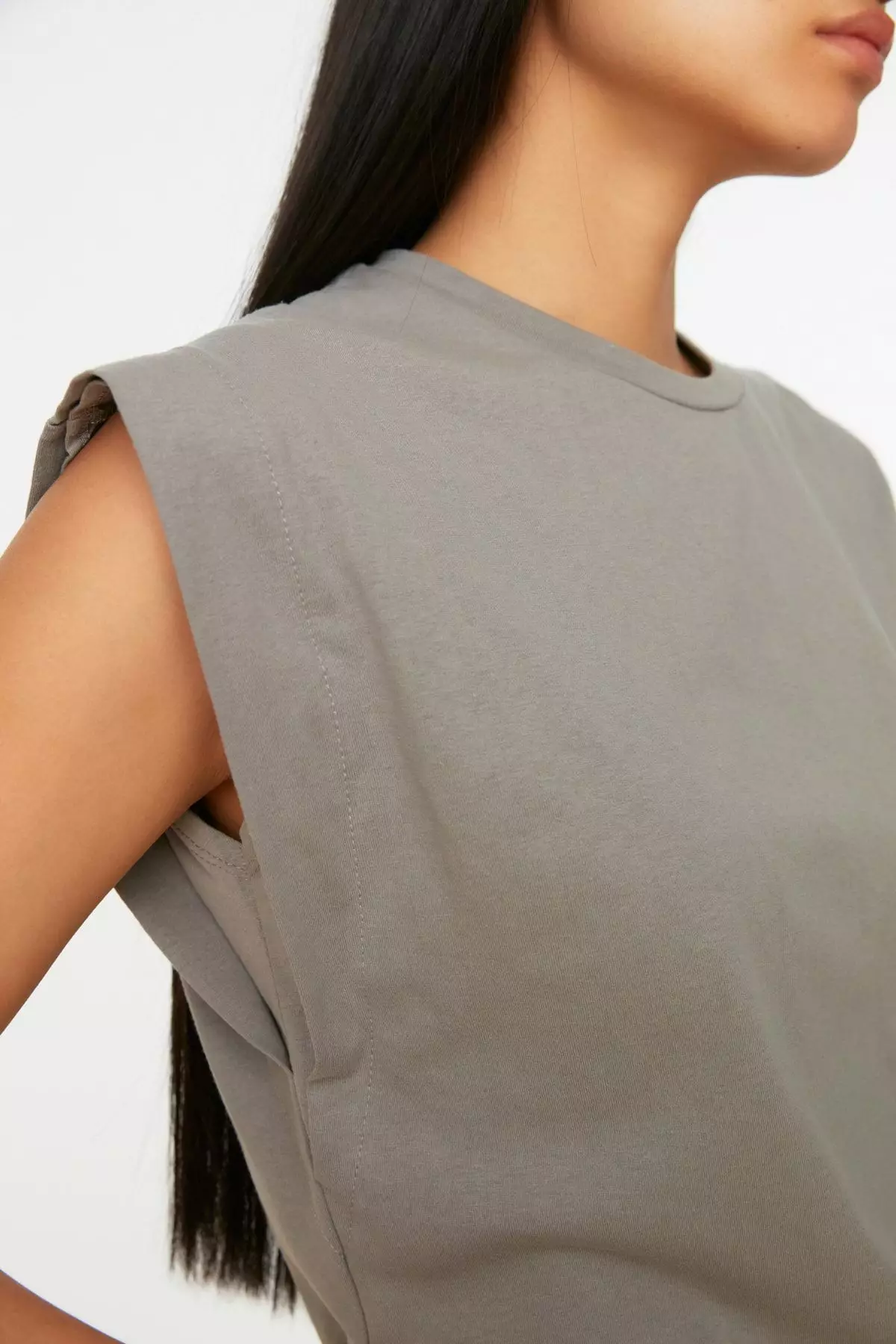 Gray 100% Cotton Wadding Look Basic Crew Neck Knitted T-Shirt TWOSS20TS0021