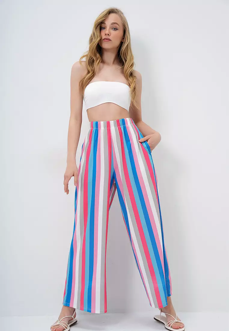 Women's Pink Blue Double Pocket Line Patterned Wide Leg Summer Trousers Alc-X14142