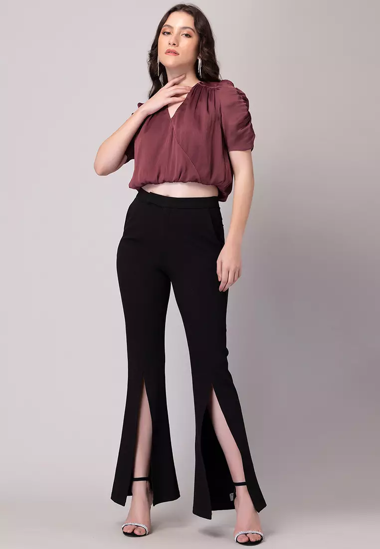 Red Ruched Sleeve Crop Top