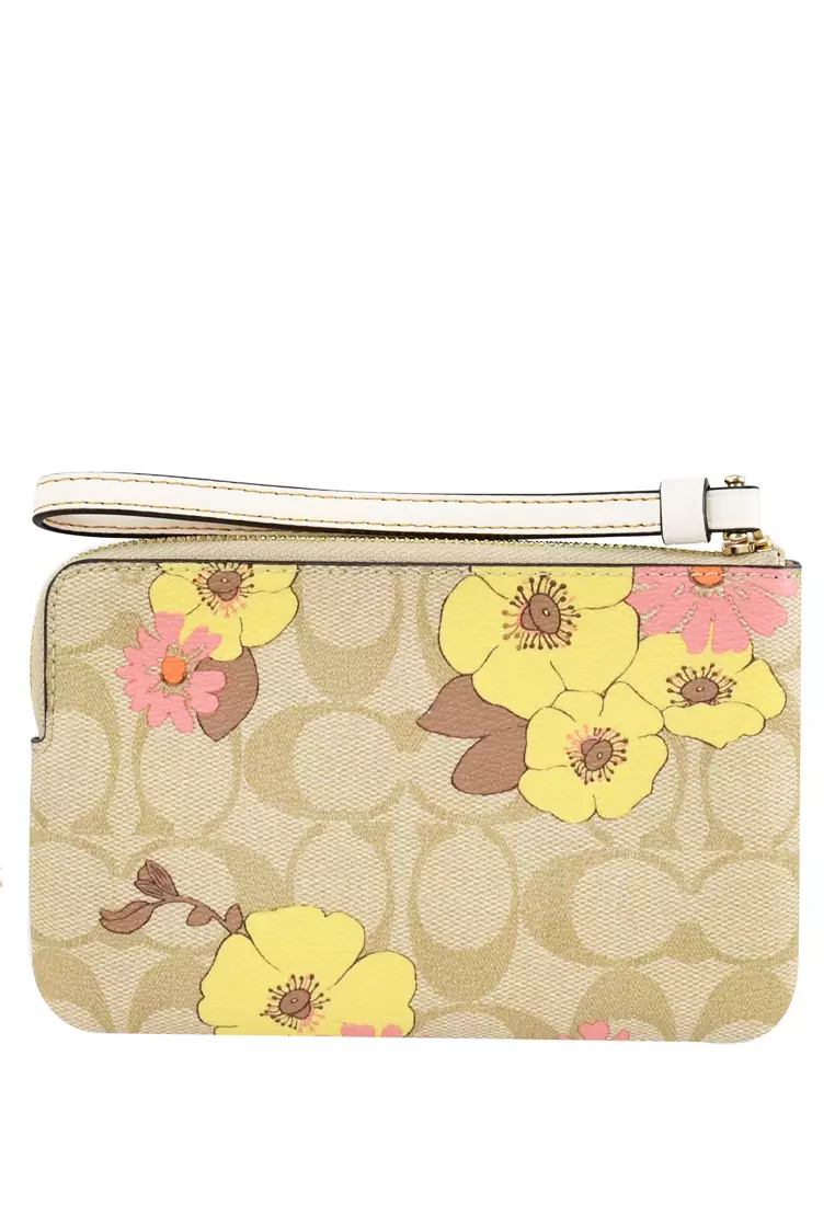 Coach Corner Zip Wristlet In Signature Canvas With Floral Cluster Print