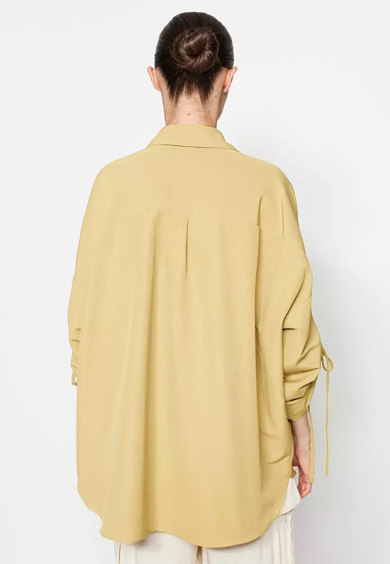 Light Yellow Sleeves with Adjustable Gathering Detail Woven Cotton Shirt TCTSS23TG00011