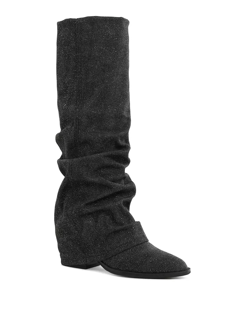 Fold-Over Slouchy Denim Boot in Black