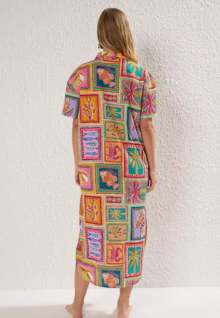 Tropical Print Midi Beach Dress With Pockets And Slit