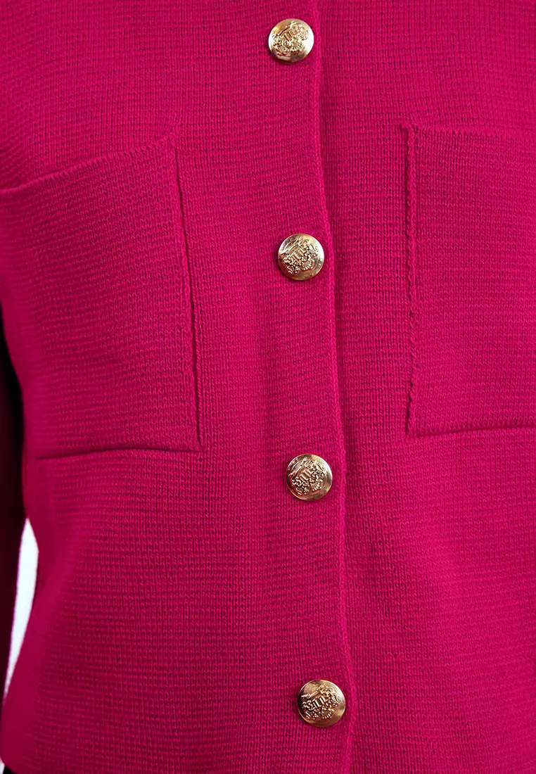 Fuchsia Button Detailed Jacket-Look Knitwear Cardigan Twoaw24Hi00023