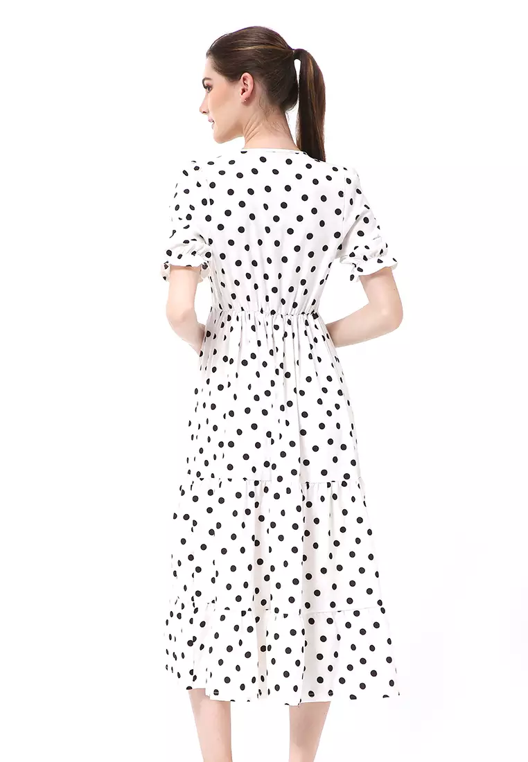 Rachel Midi Dress Wanita Vneck Lengan Pendek Desain Karet Material Polyester ORIGINAL - White