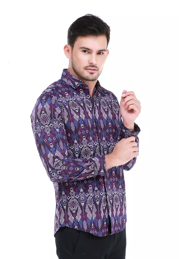 Dwan Kemeja Batik Pria Atasan Formal Longsleeve Shirt Material Cotton ORIGINAL - Purple