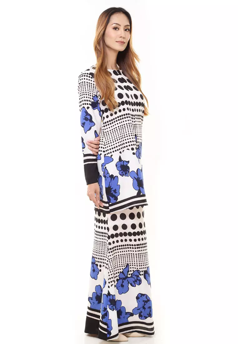 Rina Printed Kurung Black Dot Blue Flower