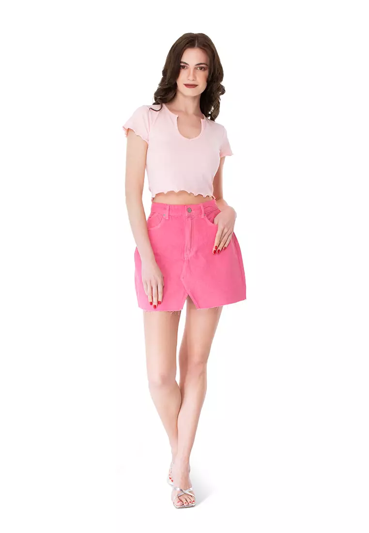 Fuchsia Split Front Denim Mini Skirt