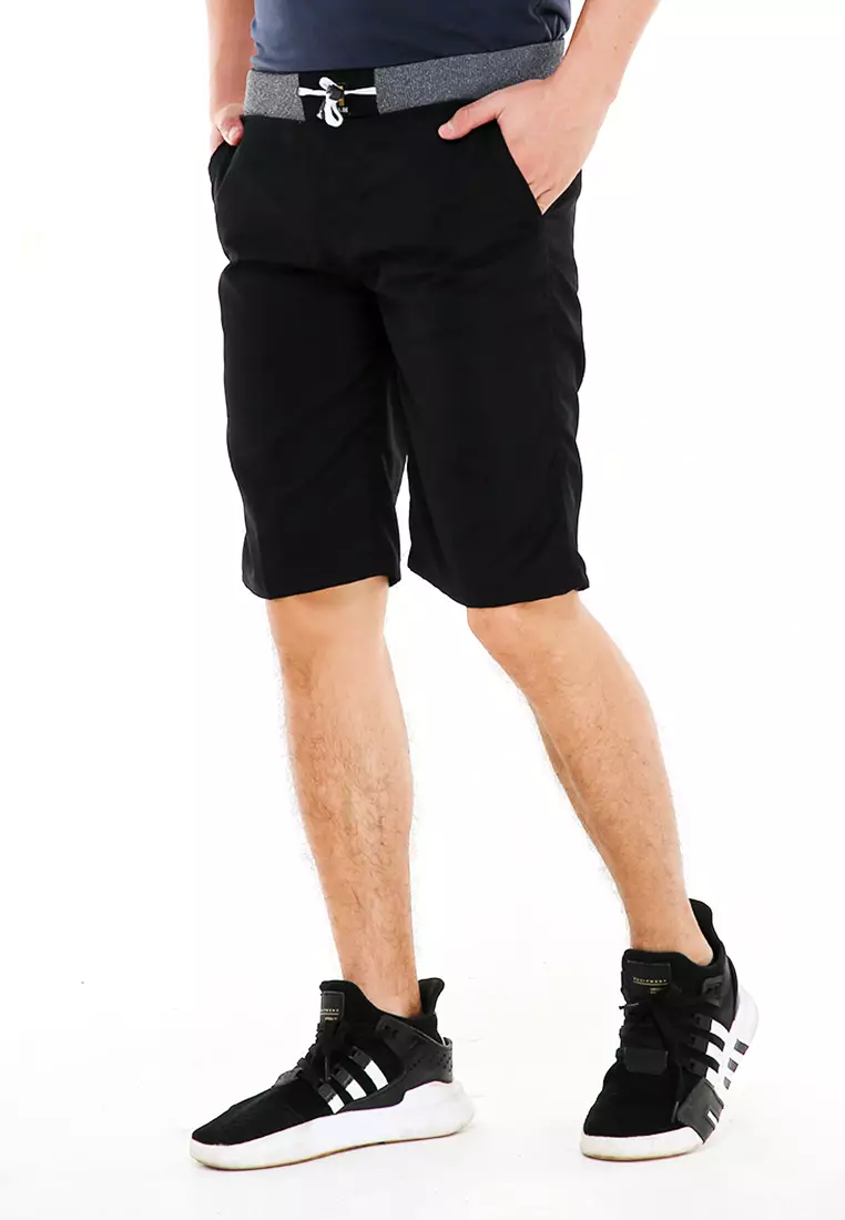 Rishham Celana Pendek Pria Polos Elastic Rubber Casual Short Pants Material Cotton ORIGINAL - Black