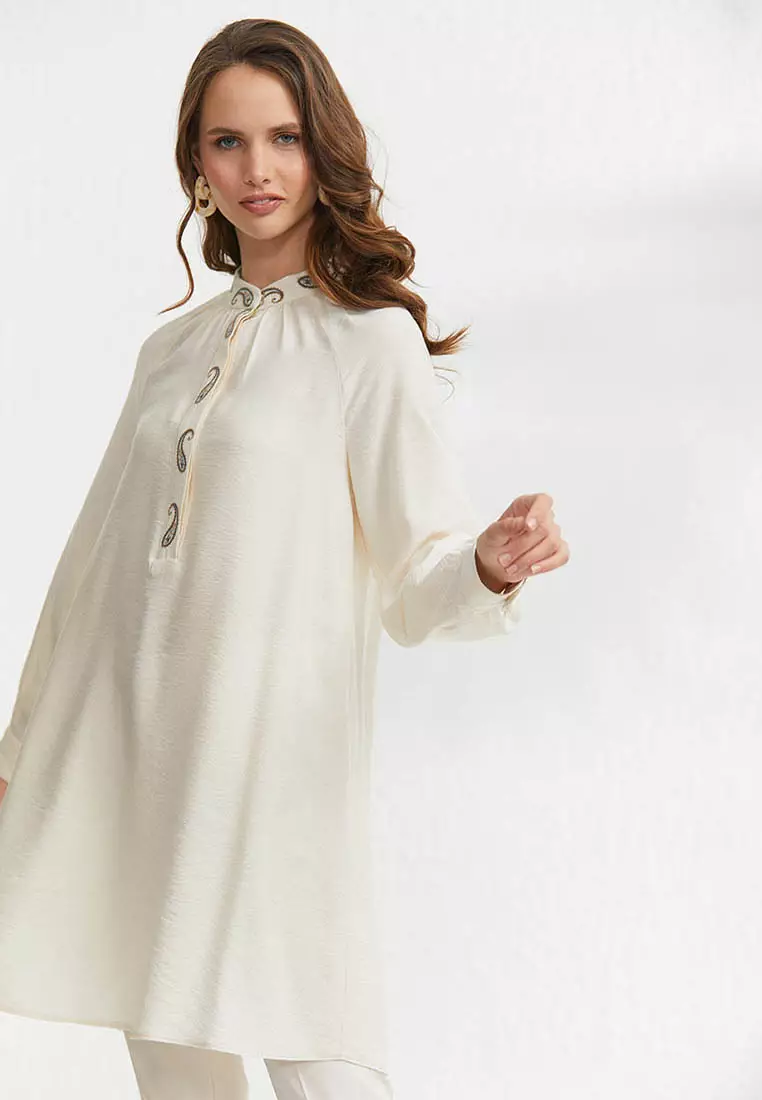 KAYRA Ethnic Patterned Judge Collar Tunic Ecru 2025 | Buy KAYRA Online ...