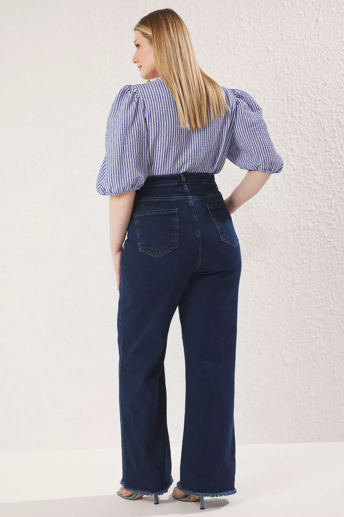 Dark Blue High Waisted Piercing Detail Wide Leg Comfort Plus Size Wide Leg Jeans Tbbss23Cj00009