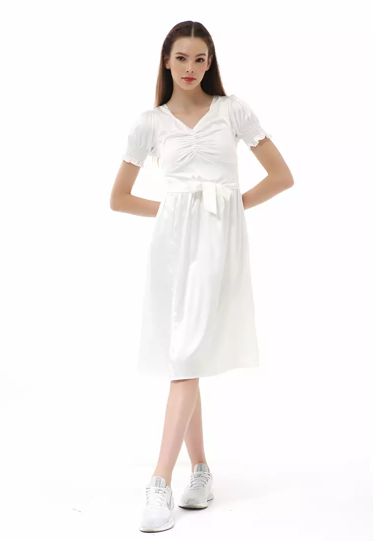 Rachel Dress Wanita Model Belah Samping Lengan Kerut Material Satin ORIGINAL - White