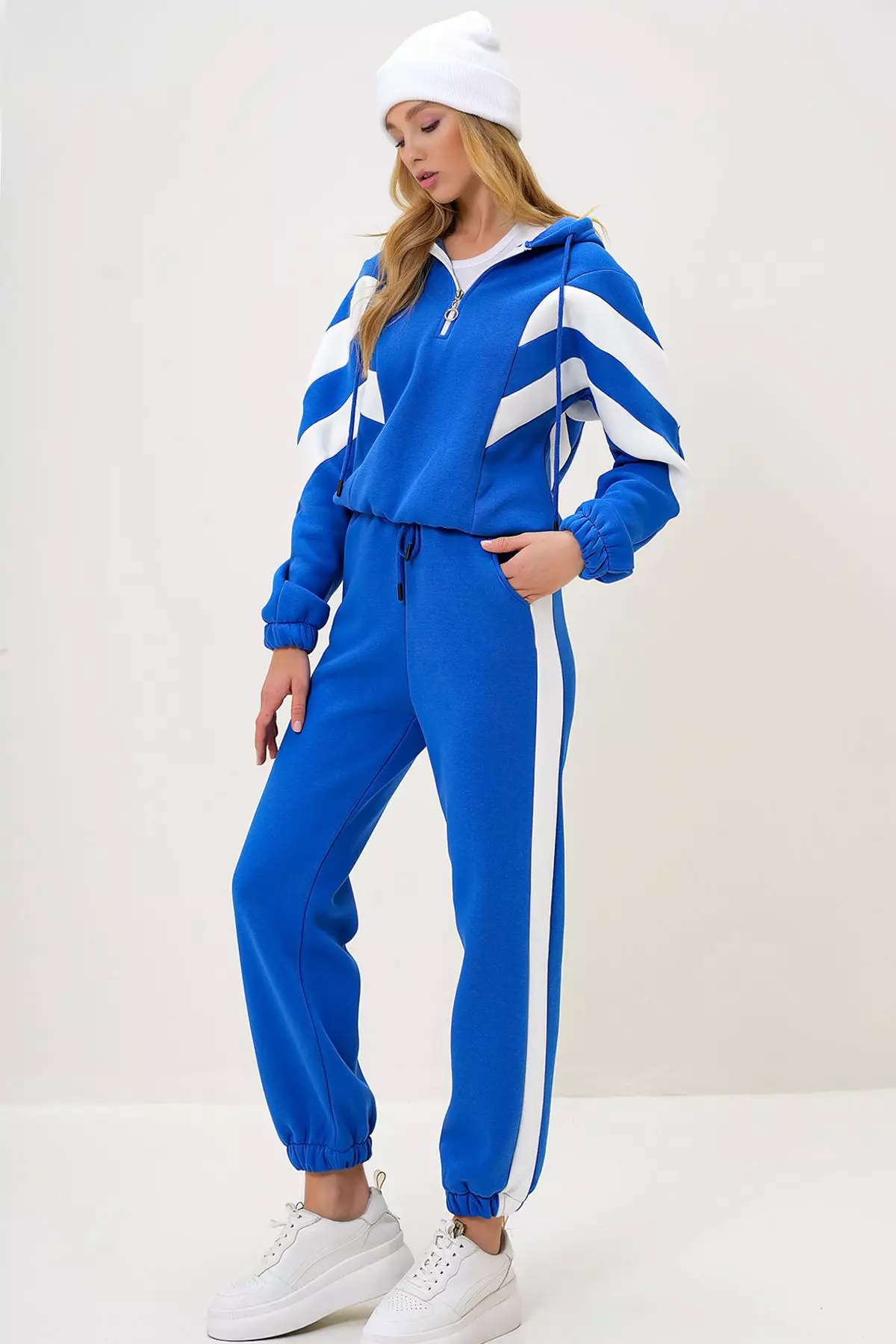Women's Saks Hooded Half Zippered Sweatshirt and Elastic Leg Tracksuit Set