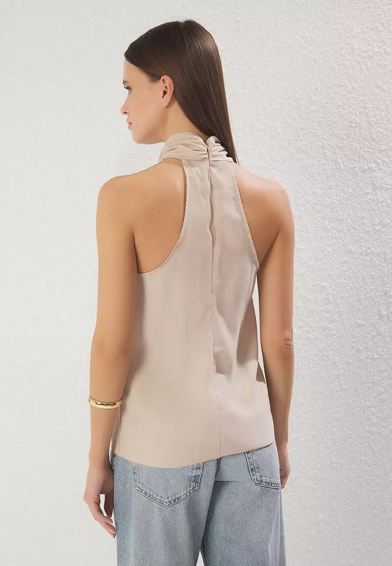 Beige Modal Halter Neck Knotted Woven Blouse TWOSS25BZ00247