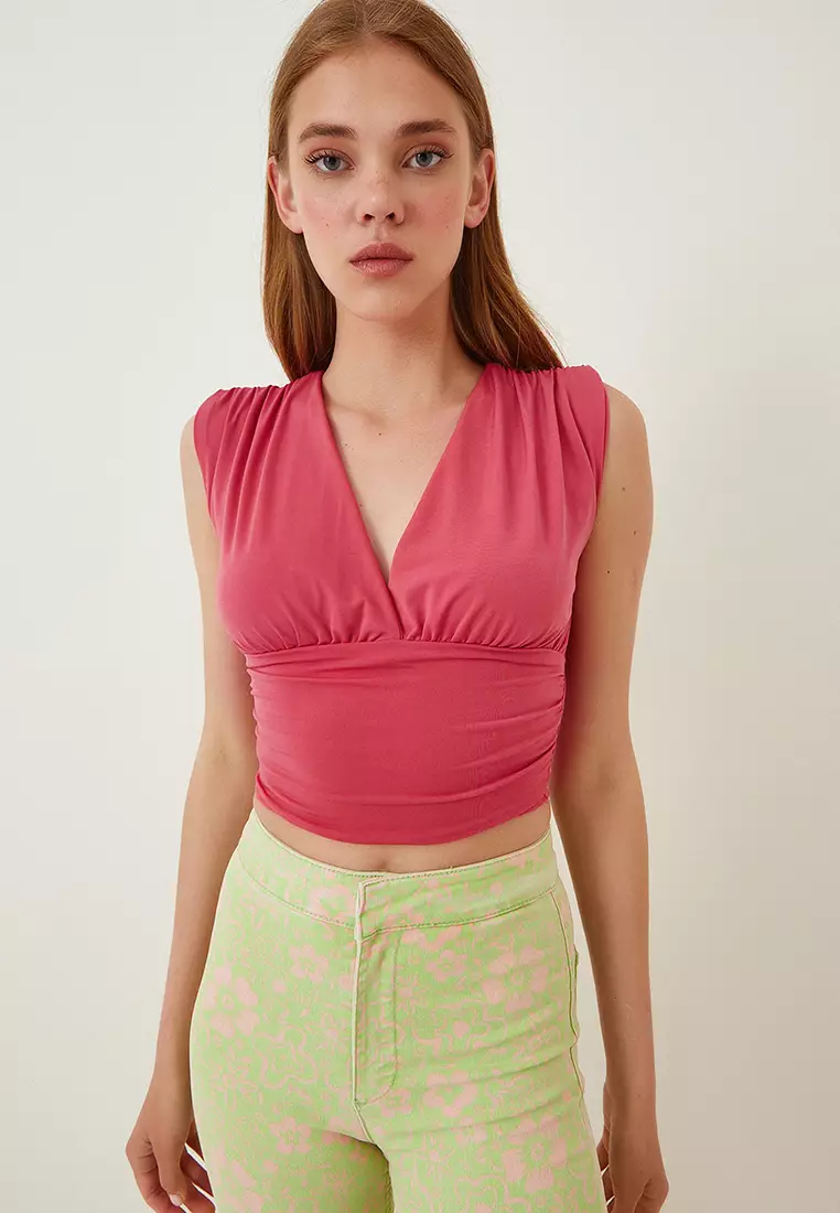 V-Neck Ruched Crop Top