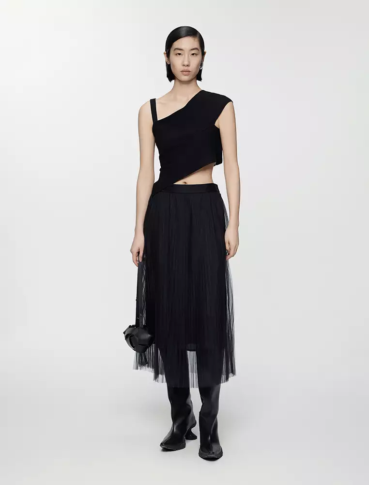 Straight Cut Pleated Long Waist Skirt