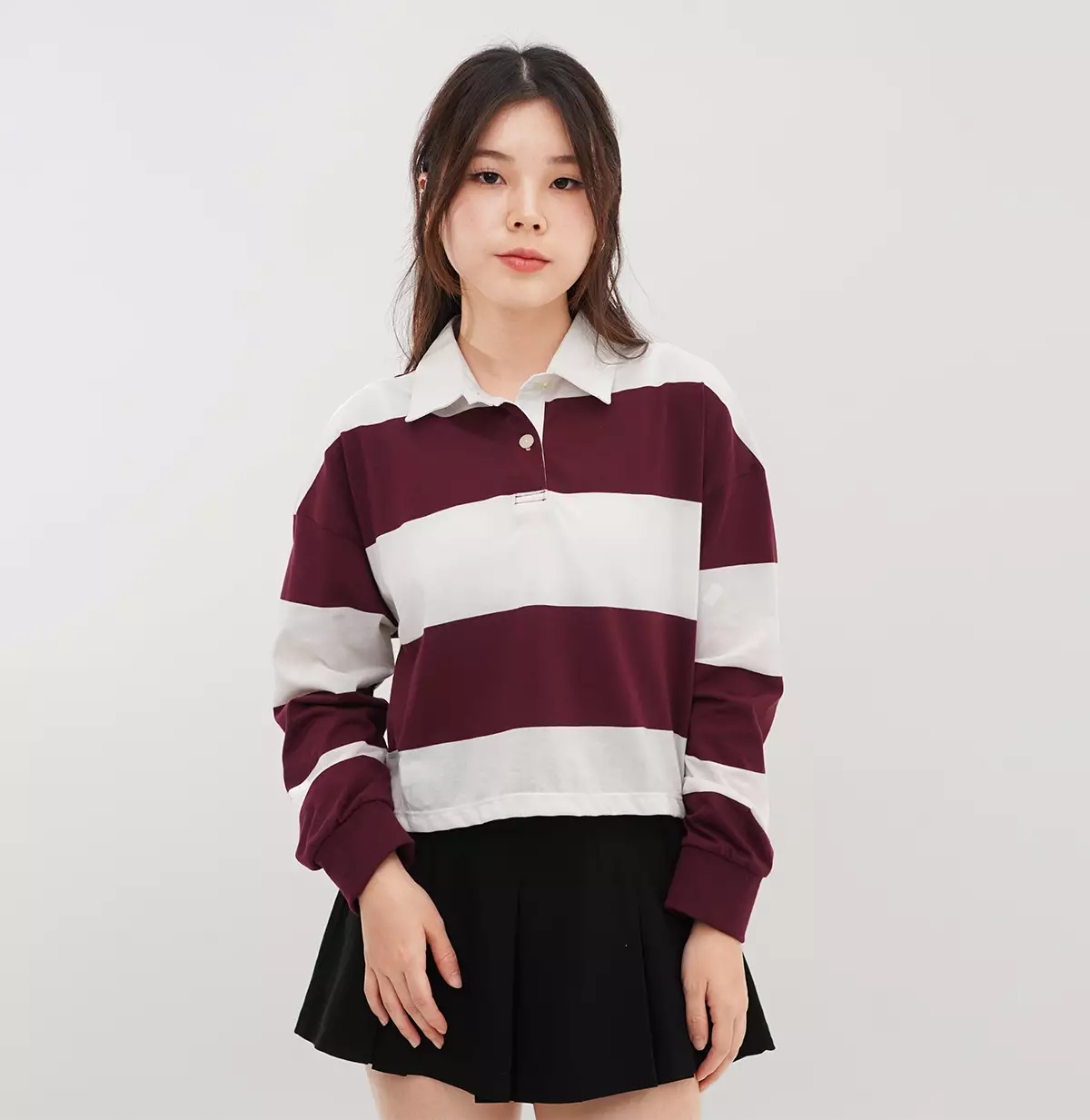 Matsuda Polo Rugby Crop top katun Emika BurgundyOffwhite