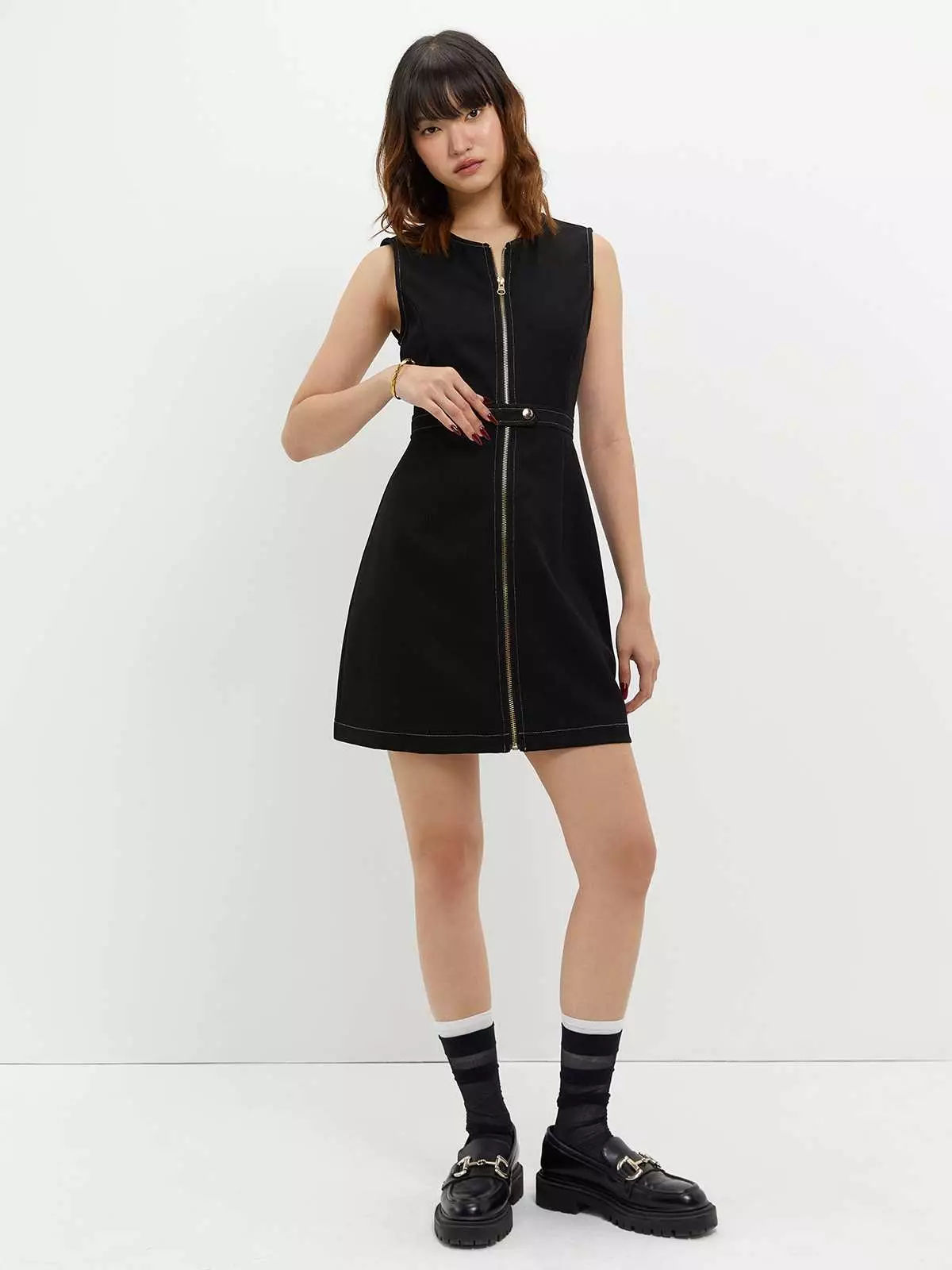Zippered Contrast Stitch Dress - Black