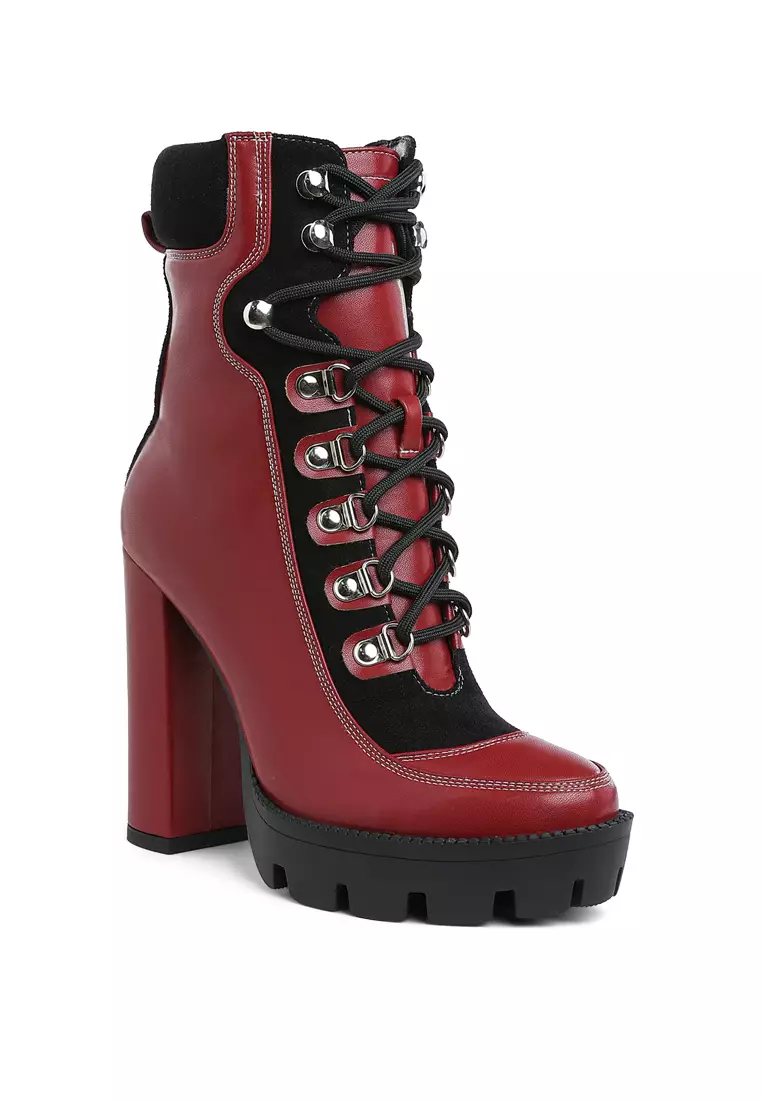 High Heel Lace-Up Biker Boot in Burgundy black