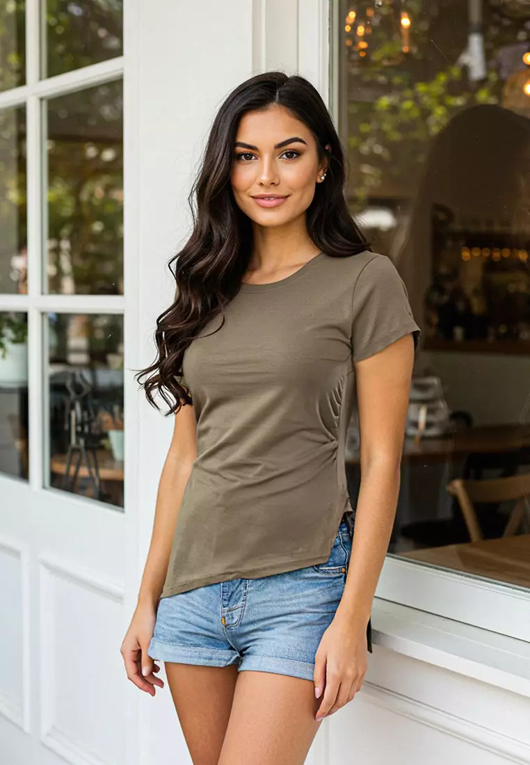 Khaki Gather/Drape Detailed Slit Asymmetrical Fitted/Body Fitted Knitted Blouse Twoss25Bz00380