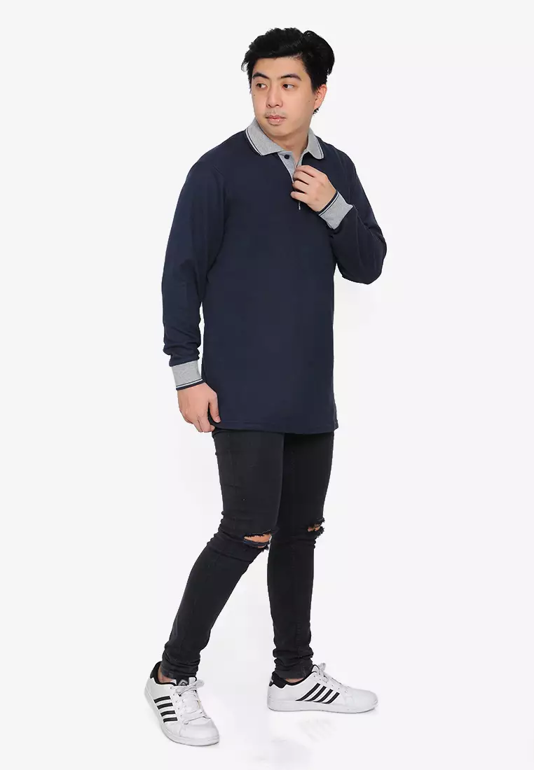 Andre Michel Kaos Polo Shirt Lengan Panjang Kerah Abu Navy 933-4